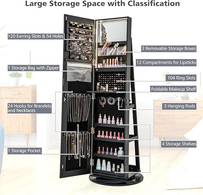 CHARMAID 360° Swivel Jewelry Armoire with Full Length Mirror, Rear Storage Shelves, Lockable Standing Jewelry Cabinet Organizer with Interior Vanity Mirror and 3-Color Lights (Black)