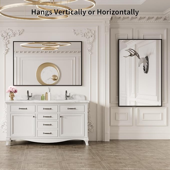 LOAAO 55"X36" Black Rectangle Bathroom Mirror Wall, Matte Black Aluminum Alloy Frame, Tempered Glass, Hangs Vertically or Horizontally, Easy to Install