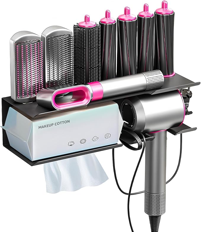 Storage Holder Compatible with Dyson Airwrap Styler Accessories, 7-Slot Hair Dryer Holder Wall Mount, No Drill Metal Organizer for Blow Dryer & Curling Iron (Black)