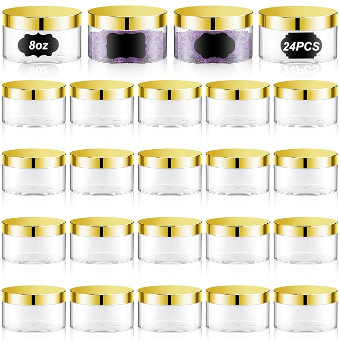 Dandat 24 Pcs 8 oz Plastic Jar Container with Lid and Label Refillable Empty Round Clear with Gold Pet Cosmetic Sample Slime Containers for Lotion, Cream, Ointments, Body Butter, Makeup Travel Storage