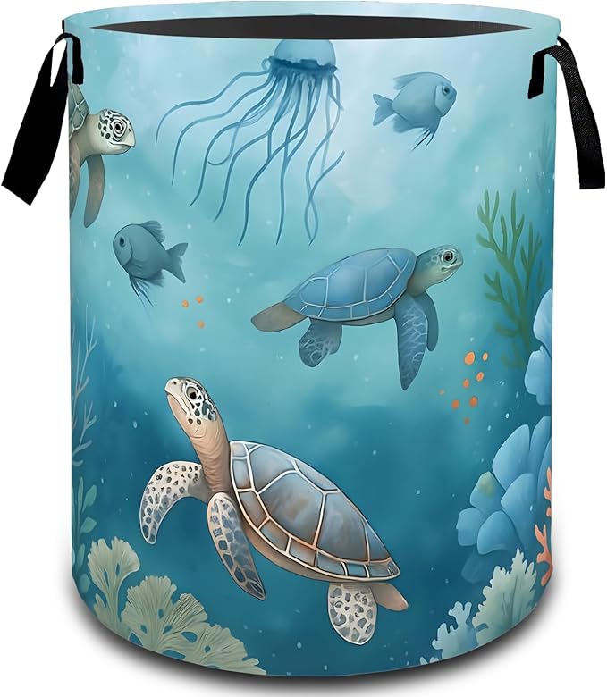 Sea Turtle Ocean Animal Coral Laundry Basket, Dirty Collapsible Clothes Toy Organizer Hamper for Kids Adults, Oxford Cloth Waterproof Storage Bin for Bathroom Coastal Decor Gifts, 19.7"X15.7"