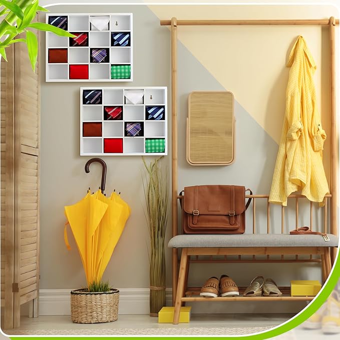 Wesiti Tie Box Organizer Wall Mounted Tie Rack with 16 Compartments Bamboo Belt Holder for Men Scarf Necktie Home Wall Closet(White Color,2 Pieces)