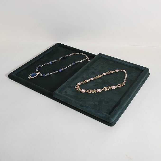 Rectangle Jewelry storage organizer plate, Velvet Jewerly display tray, Empty showcase tray for Necklace Bracelet Ring Earring【Green-Medium, 11.8 x 8.7 in 】