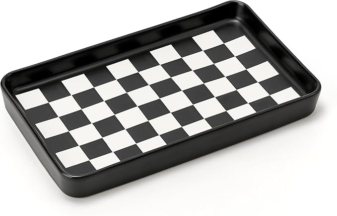 10"×6"×1" Texture Checkered Surface Bathroom Vanity Tray for Countertop- Ceramic Decorative Organizer Tray for Dresser Top, Toilet, Perfume, Sponge Holder Soap Dish Dispenser for Kitchen Counter