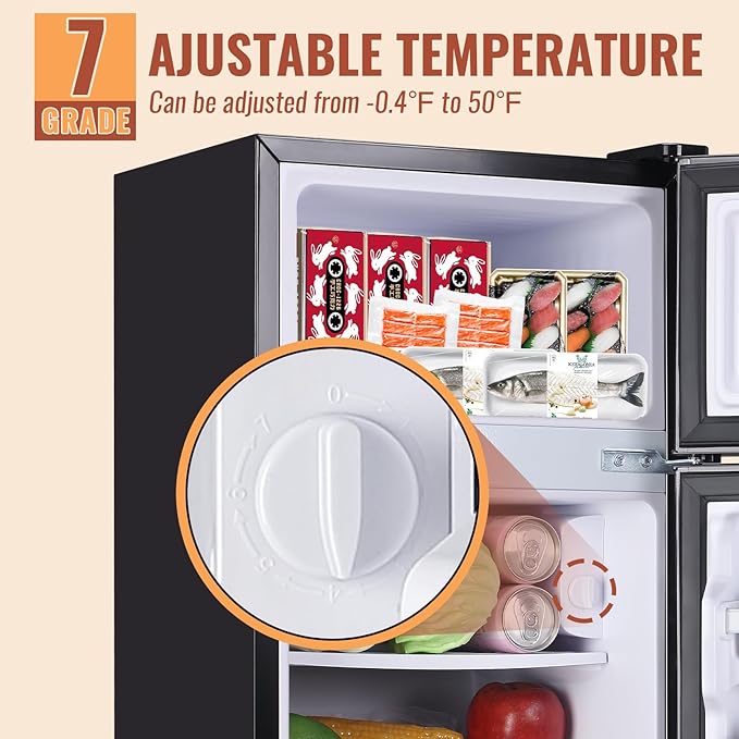 Mini Fridge with Double Doors Small Refrigerator with Separate Freezer & 7 Adjustable Temperature Control, Tiny Size & Personal Fridge Ideal for Office Apartment Dorm Dark Grey