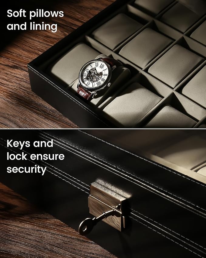 Uten Watch Box, 24 Slots Watch Case, Watch Box Organizer Jewelry Storage with Large Glass Lid, Watch Display Case, Watch Box for Men & Women