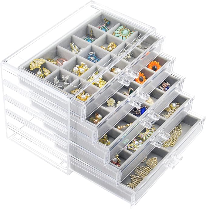 Acrylic Jewelry Box with 5 Drawers, Clear Earring Storage Organizer Display Case for Women Girls, Gray