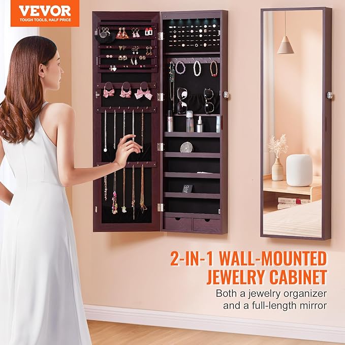 VEVOR Mirror Jewelry Cabinet, 47.2-Inch Tall Lockable Jewelry Armoire with Full-Length Mirror, Wall/Door Mounted Organizer with LED Lights and Velvet Lining, Brown