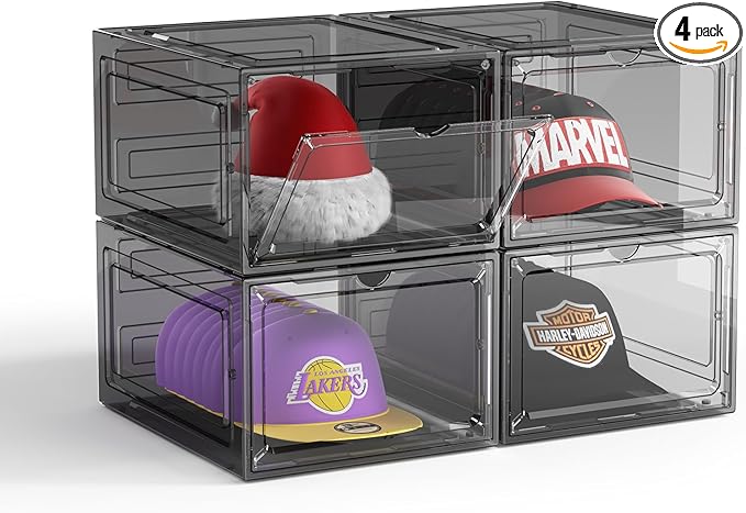 Hat Organizer Box for Baseball Caps, 4 Pack Clear Plastic Hat Storage Box Display Case with Magnetic Door, Hat Rack Holder for Closet, Snapback Organizer, Hold 8 Cap Each