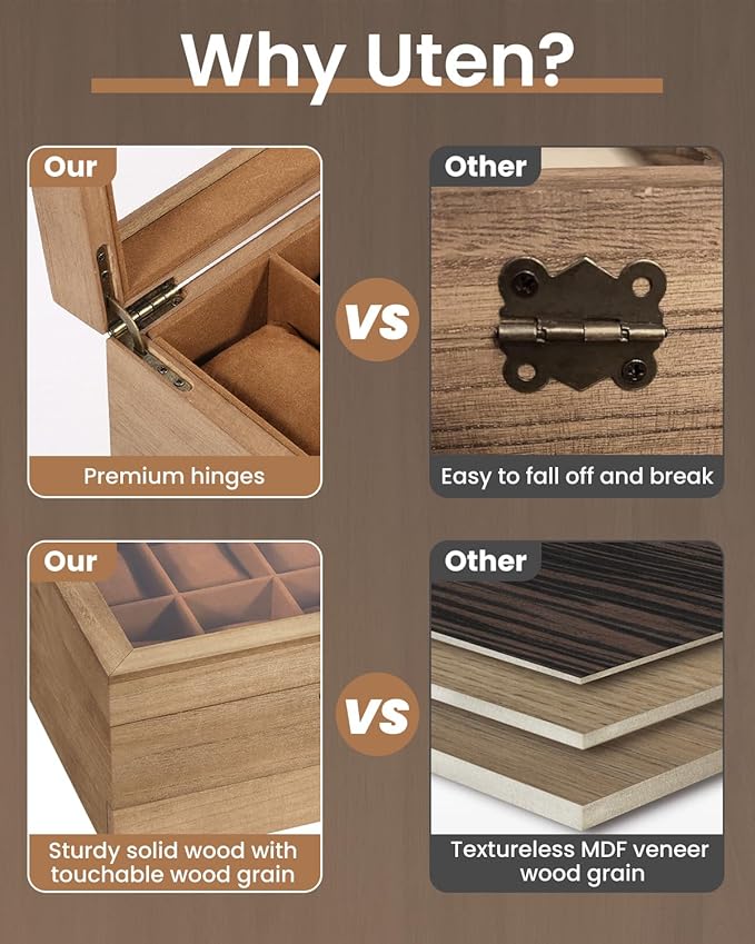 Uten 8-Slot Watch Box, 2-Layers Solid Wood Watch Display Case with Glass Lid, Watch Holder Organizer with Soft Pillow and Velvet Lining, Watch and Jewelry Storage Box, Browm