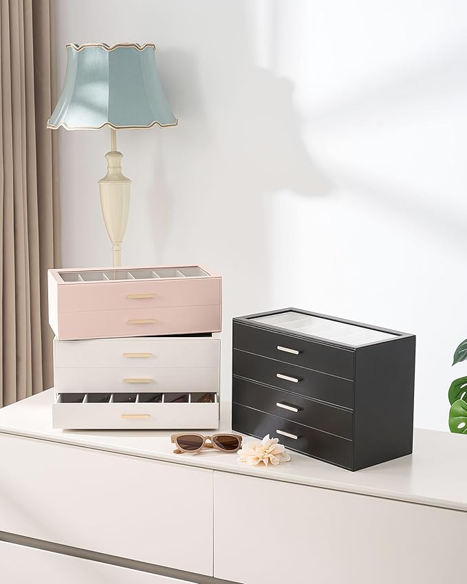 Lolalet Beige Sunglasses Storage Box for Women, Eyewear Eye Glass Organizer with Clear Top Lid Display Holder Case