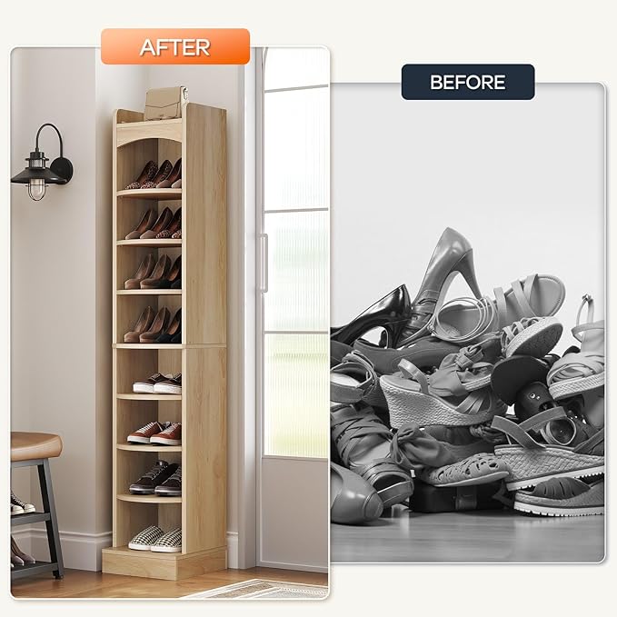 9-Tier Tall Shoe Rack, Wooden Shoe Storage Organizer, Narrow Shoe Cabinet with Removable Shelves for Small Spaces, Holds 18 Pairs of Shoes, for Entrance, Hallway, Natural SS02NL