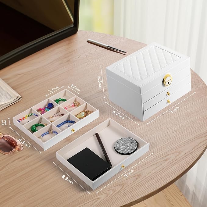 3 Layer Jewelry Box, Lockable Jewelry Holder Organizer with Jewelry Drawer, Large Jewelry Boxes & Organizer with Velvet Earring Storage, Unique Gifts for Women Mom