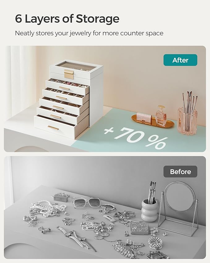 SONGMICS Jewelry Box Organizer with Glass Lid, 6-Layer Jewelry Storage, with 5 Drawers, Modern Style, 6.4 x 9.9 x 11.4 Inches, Cloud White and Gold Color UJBC171W01