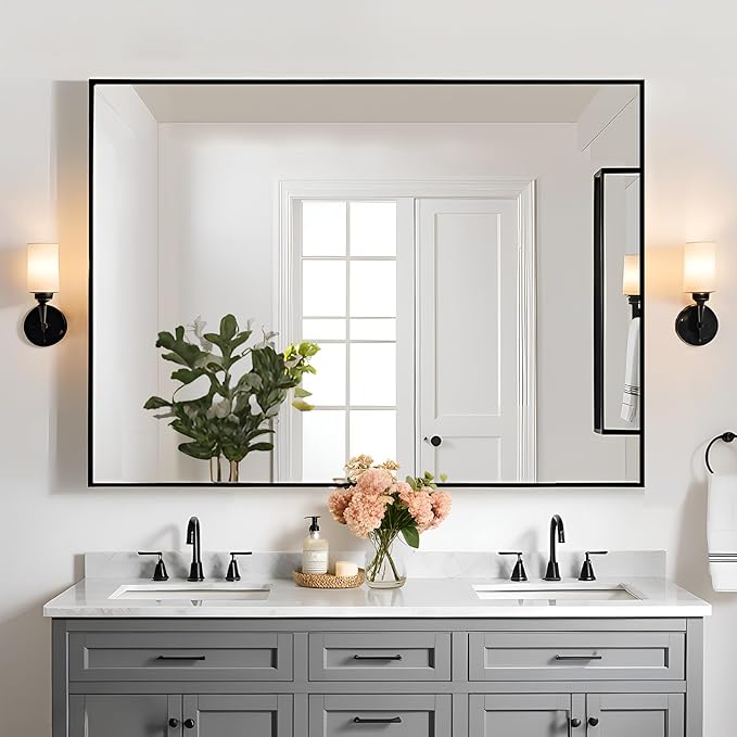 Rectangle Bathroom Mirror 30x36 inch, Large Mirror with Black Frame, Rectangular Vanity Mirror 30" X 36", Modern Matte Wall Mounting Mirrors, Hang Horizontal or Vertical