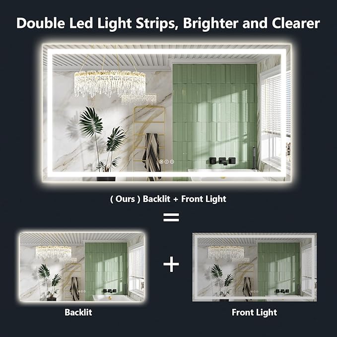 68x38 Inch LED Bathroom Mirror with Lights Front and Backlit Lighted Vanity Mirror for Bathroom Wall with 3 Colors Dimmable Anti-Fog Memory Shatter-Proof IP54 Waterproof Horizontal/Vertical