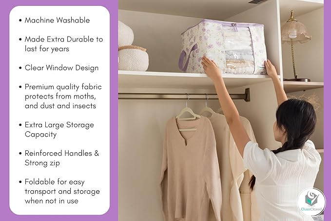 Canvas Storage Bags 2 Pack Designer Organizer bags for Clothes, sweaters, clothing, garments, quilt, linens, large folding organizers with zip & window, moth proof space saver Purple floral Print