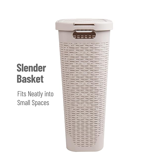 Mind Reader 40L Slim Laundry Hamper, Clothes Basket, Lid, Premium Wicker Design, Plastic, Set of 3, Ivory