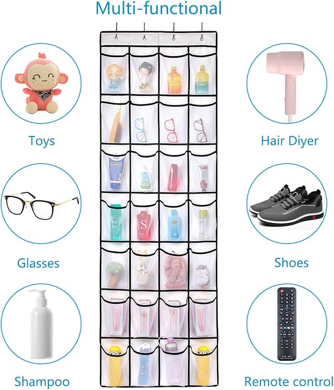 REGELETO 2 Pack 28 Pocket Over the Door Shoe Organizer, Hanging Shoe Rack for Door Large Capacity Shoe Organizer Holder with 4 Metal Hooks (White-2Pack)