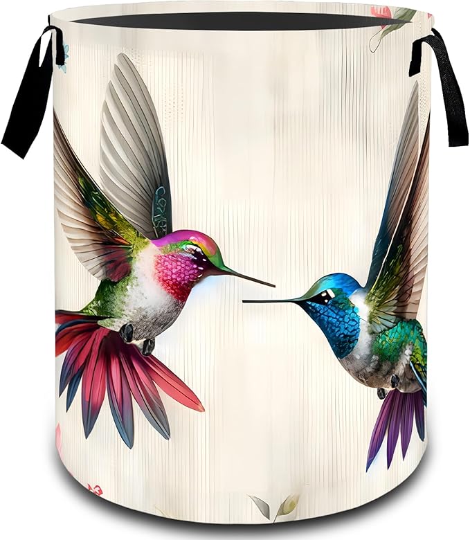 Elegant Floral Hummingbird Couple Laundry Basket, Dirty Collapsible Clothes Toy Organizer Hamper for Kids Adults, Oxford Cloth Waterproof Storage Bin for Bathroom Home Decor Gifts, 19.7"X15.7"