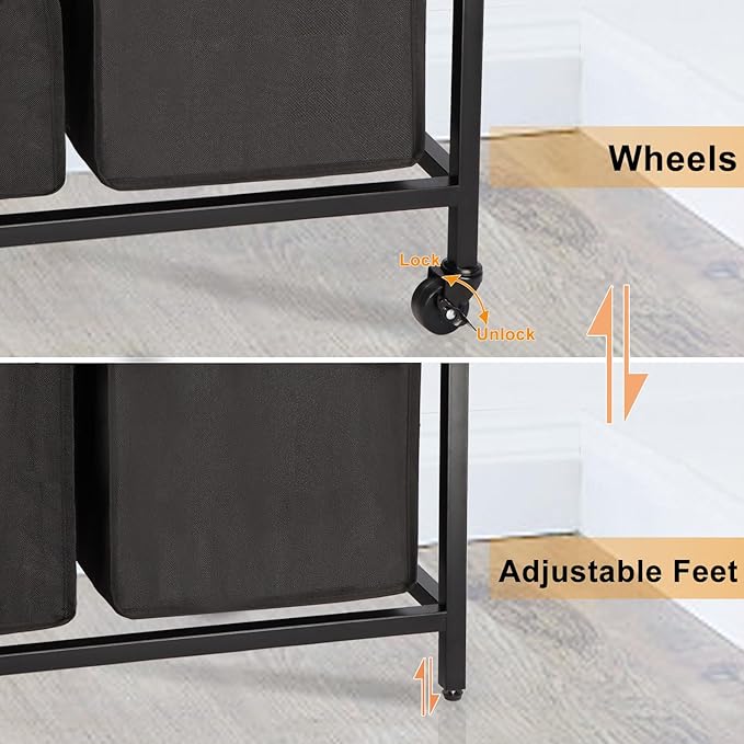 Laundry Hamper, Laundry Sorter 3 Section, Rolling Laundry Basket with Wheels, 2 Shelves, 3 × 14.5 Gal, Pull-Out and Removable Oxford Fabric Bags, for Laundry Room, Black and Rustic Brown