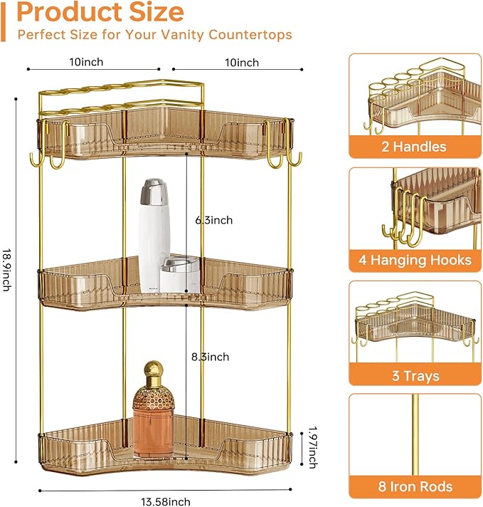 3-Tier Corner Bathroom Counter Organizer，Makeup & Skincare Shelf with Built-in Brush Holder，Space-Saving Bathroom Countertop Organizer for Skincare, Perfume, Cosmetics(Green)