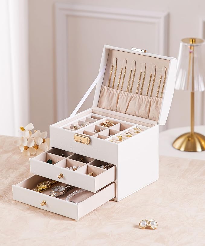 Homde Women Jewelry Box with Lock: 3 Layers Modern Organizer - White Storage for Ring Necklace Earring - Birthday Christmas Gifts for Girls