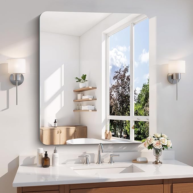 CILIBER Frameless Wall Mirror, 30" x 36" Rectangle Bathroom Mirror Rounded Corner, HD Shatterproof Vanity Mirror with Polished Edge for Over Sink, Bedroom, Entryway, Vertical or Horizontal