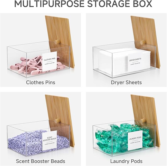 TIPGO Acrylic Dryer Sheet Holder with Lid, Clear Laundry Sheets Container with 27 Labels, Laundry Pods Storage for Laundry Room Organization