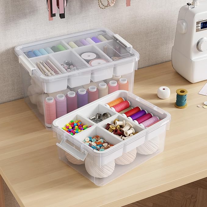20Qt Stackable Storage Bin with Lid & Tray, Clear Plastic Latching Box Organizer with Divider Portable 5Gal Container for Arts & Crafts, Home and Car Trunk Organization, 1Pack