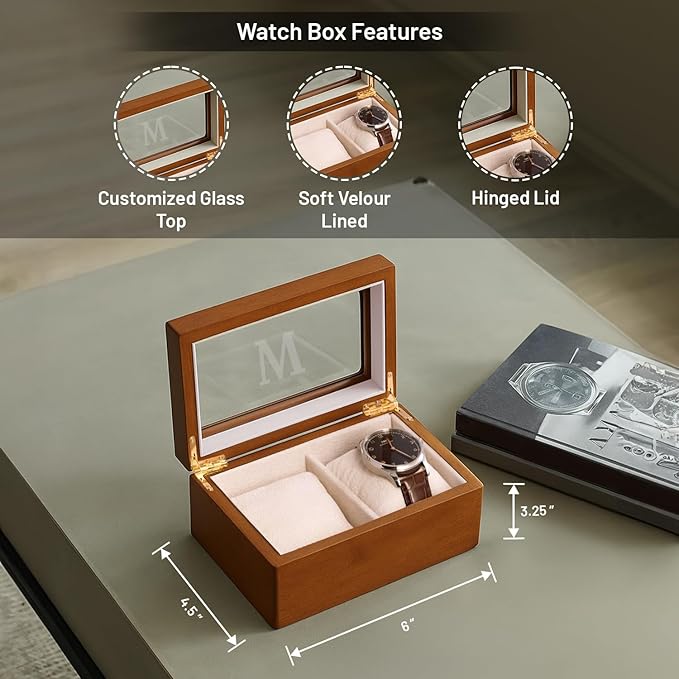 Bey-Berk Personalized Marquess 2-Slot Watch Box, Custom Glass-Top Solid Wood Watch Display Case with Velour-Lined Cushions, 6" x 4.5" x 3.25"