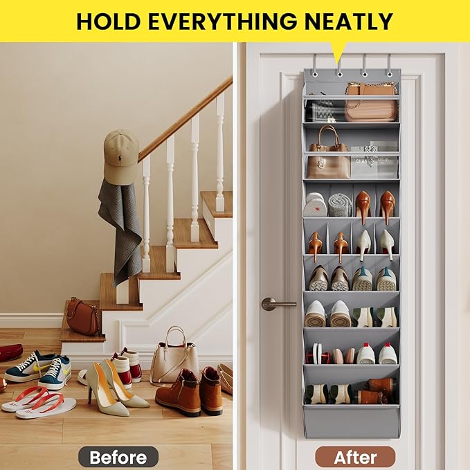 8 Tier Clear Over the Door Shoe Organizer with Deep Pockets, Door Shoes Rack with hard Cardboard and Tubes to Keep the Shape, Hanging Shoe Rack for Closet Organizers, Shoe Holder Grey