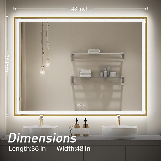 48X36 Inch Led Mirror for Bathroom with Front Light and Backlit,Gold Metal Frame Vanity Lighted Mirror for Wall,Double Lights Strips,Anti Fog Stepless 3 Colors Temperature & Dimmable