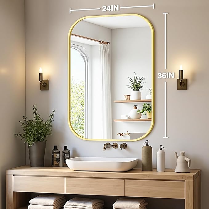 Bathroom Mirror for Wall, Gold Bathroom Vanity Mirror for Over Sink 24 x 36, HD Reflection Shatterproof Mirror for Living Room Bedroom Entryway, Metal Frame Rectangular Shape