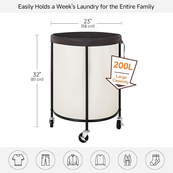 StorageWorks 52.8-Gallon(200L) Rolling Laundry Hamper, Heavy-Duty Round Laundry Basket with Wheels and Removable Bag, Hamper for Laundry Room Organization and Storage, Bathroom, Bedroom, Beige
