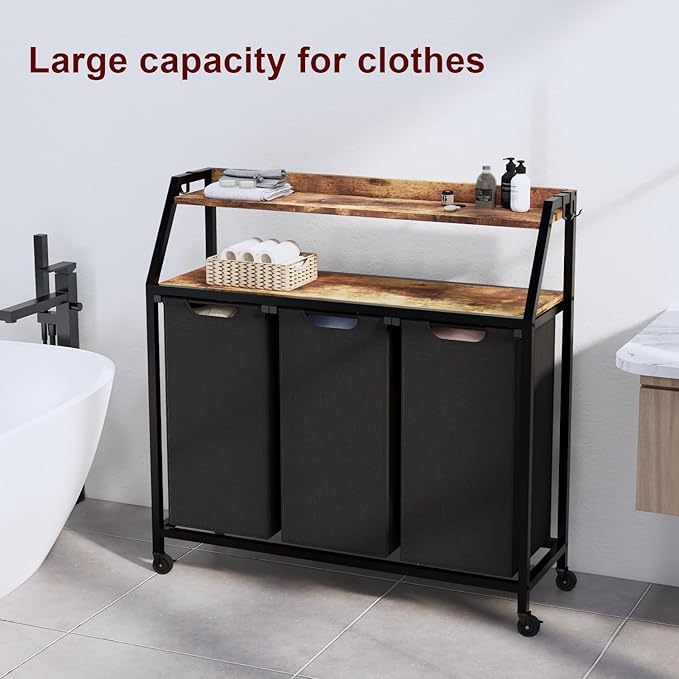 Laundry Hamper, Laundry Sorter 3 Section, Rolling Laundry Basket with Wheels, 2 Shelves, 3 × 14.5 Gal, Pull-Out and Removable Oxford Fabric Bags, for Laundry Room, Black and Rustic Brown