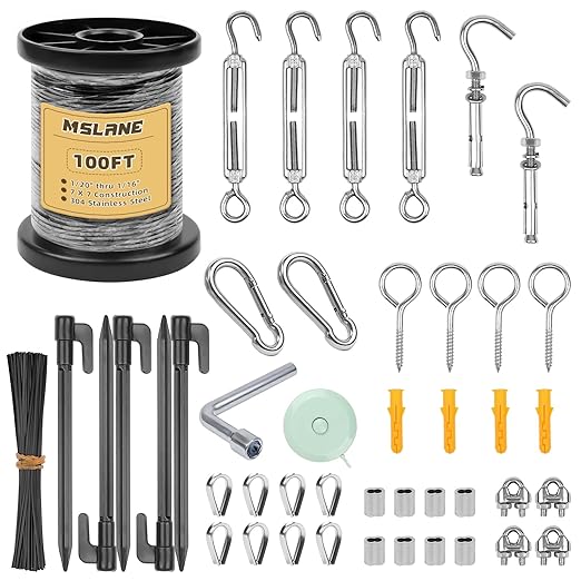 1/16" Black Wire Rope Kit 100FT 304 Stainless Steel Vinyl Coated with M5 Turnbuckles, 7x7 Strand Core Aircraft Cable for String Light, Picture Hanging, Clothesline, Curtain, and Plant Trellis