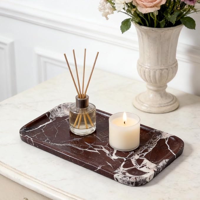Marble Vanity Tray, Large Stone Bathroom Tray for Countertop, 14'' Rose Red Genuine Marble Decorative Tray for Dresser, Green Kitchen Trays for Counter,Perfume Storage, Non-Resin/Ceramic