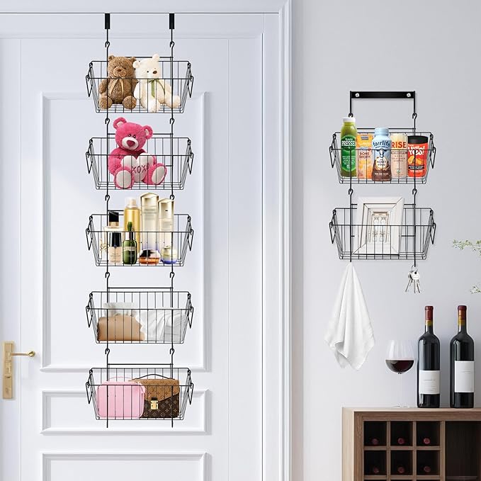 Over The Door Organizer – 5 Removable Hanging Baskets, Back of Door Storage for Bathroom, Kitchen, Pantry & Garage, No Tools Needed, 3 Installation Methods (Wall/Door Mount) Black