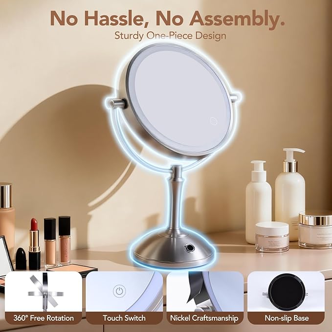 PJE Vanity Mirror with Lights,360 Mirror Magnifying Mirror with Light 10X,3 Light Settings Rechargeable Makeup Mirror,Dimmable Touch Control Tabletop Makeup Mirrors with Lights for Home,Hotel & Salon