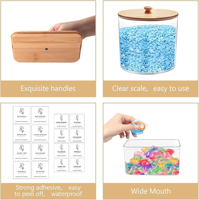 3 Pack Laundry Room Organization Storage Containers, Clear Large Laundry Detergent Powder Storage Containers with Wooden Lids & 16 Labels,Laundry Pods Holder for Scent Booster,Powder,Pods
