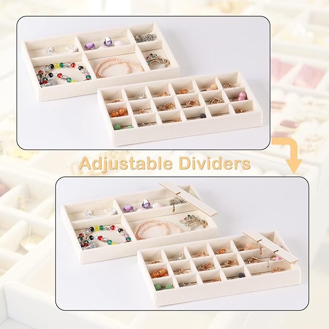 Jewelry Trays,Velvet Stackable Organizer Trays,Drawer Inserts Jewelry Display Case For Rings Stud Necklaces Earring Organizer Tray for Women Girls-8 Pack (Beige)