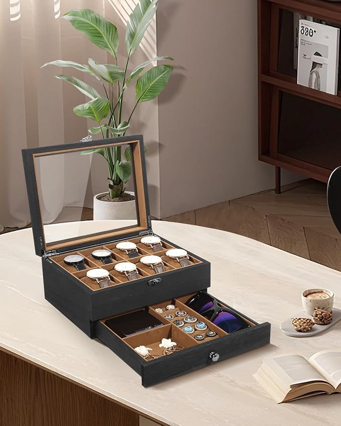 Uten 8-Slot Watch Box, 2-Layers Solid Wood Watch Display Case with Glass Lid, Watch Holder Organizer with Soft Pillow and Velvet Lining, Watch and Jewelry Storage Box