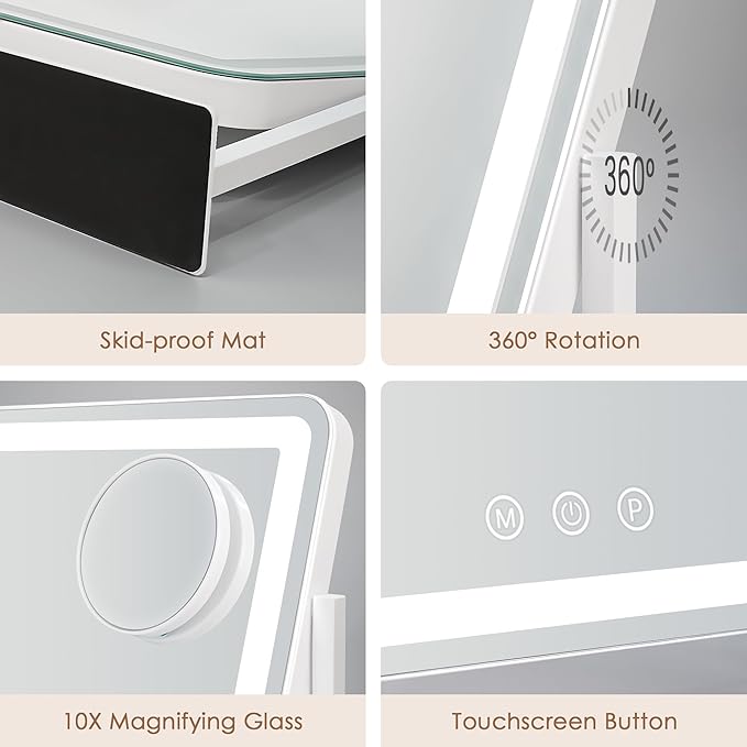 Sucedey Vanity Mirror with Lights, 18.1" L x 14.2" W LED Makeup Mirror, Hollywood Mirror with 3 Color Modes & Adjustable Brightness, Detachable 10x Zoom Mirror, 360 Degree Rotation (White)
