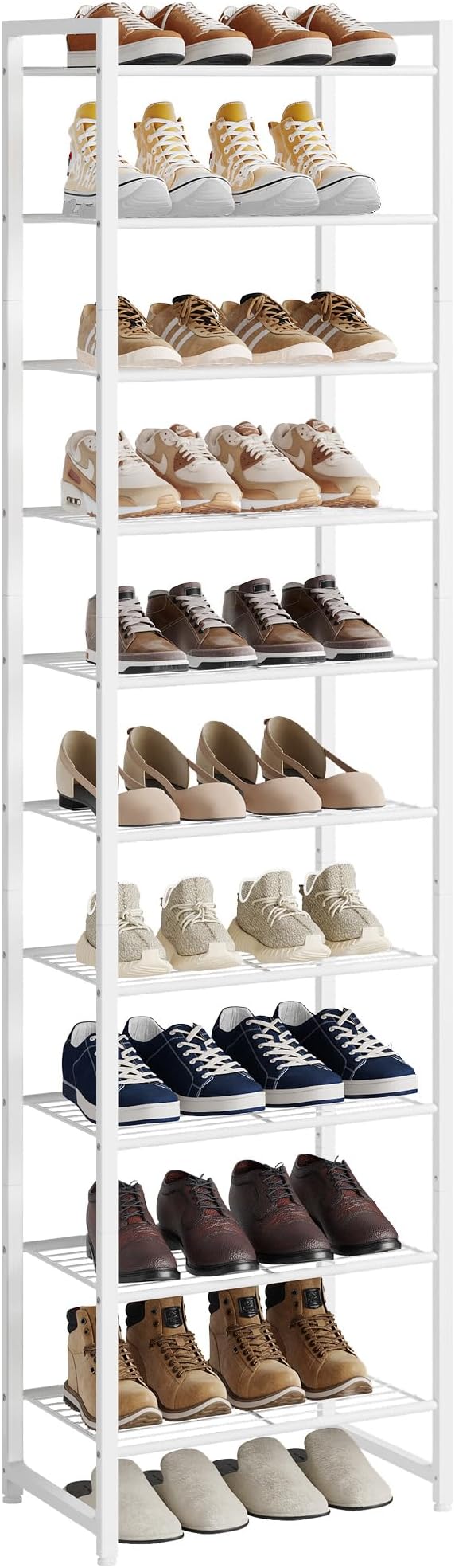 Narrow Shoe Rack, 10-Tier Metal Shoe Organizer,Tall Shoe Shelf with Anti-Tip Strap, Max Holds 20 Pairs,Space Saving for Closet,Entryway,White