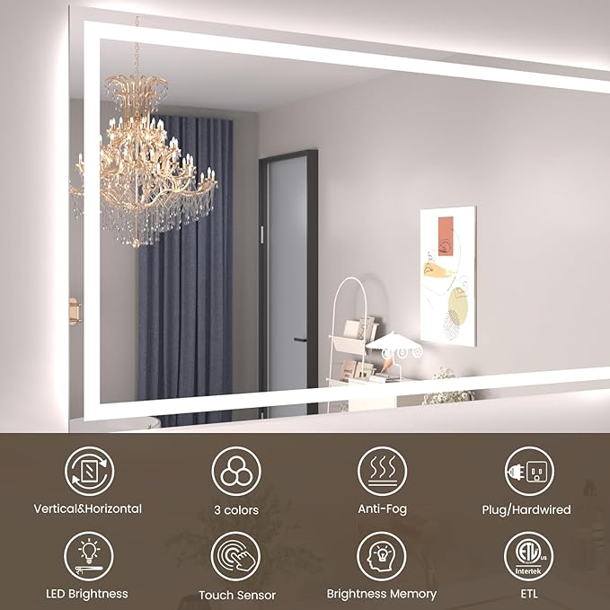 48"X40" LED Bathroom Mirror with Front Lights and Backlit, Anti-Fog, Dimmable, Shatter-Proof Tempered Glass, Lighted Bathroom Vanity Mirror for Wall with 3 Colors, Memory Function