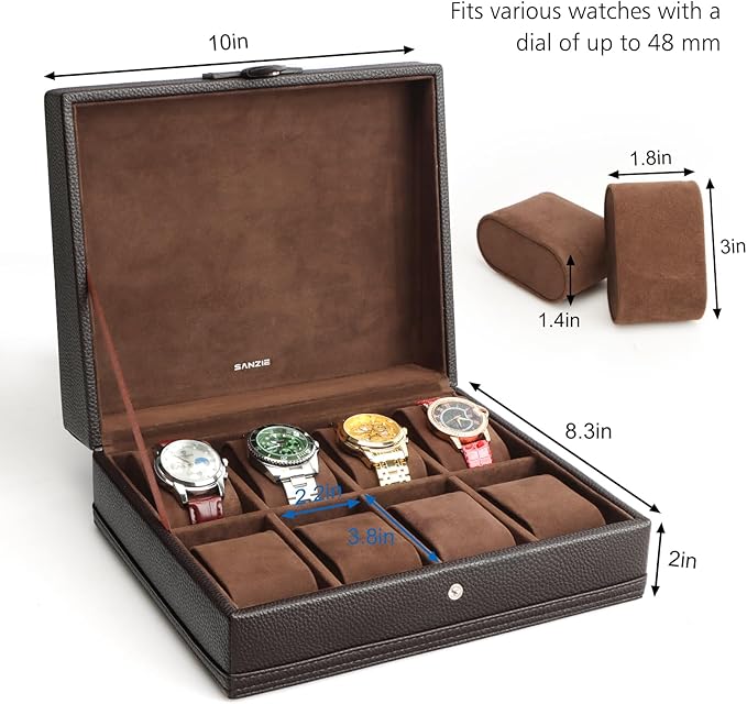 SANZIE 8-Slot Watch Box for Mens Watch Case with Removable Watch Pillows, Watch Holder Organizer Watch Storage with Brown Synthetic Leather (Brown)