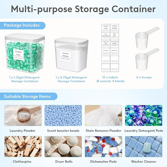 Lifewit Laundry Pods Container with Pop-up Lid, Detergent Dispenser, Dryer Sheet Holder, Laundry Room Organization Storage Jars for Washing Powder, Soap, Scent Booster Beads,0.72+1.2gal, 3 Pcs