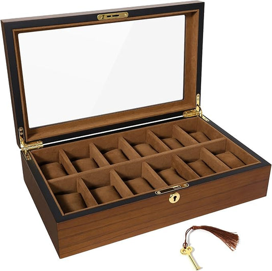 Uten Watch Box with 12 Slots, Watch Case Organizer with Golden Lock and Key, Wooden Watch Display Storage Box with Removable Watch Cushions, Velvet Lining, Metal Clasp