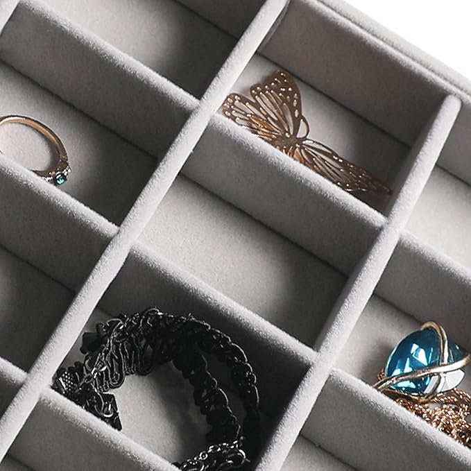 Frebeauty Stackable Velvet Jewelry Organizer Trays for Drawers Inserts Jewelry Storage Tray Display Case, Stud Earrings Bracelets Necklace Rings Trays for Women Girls(Set of 2)(Grey)